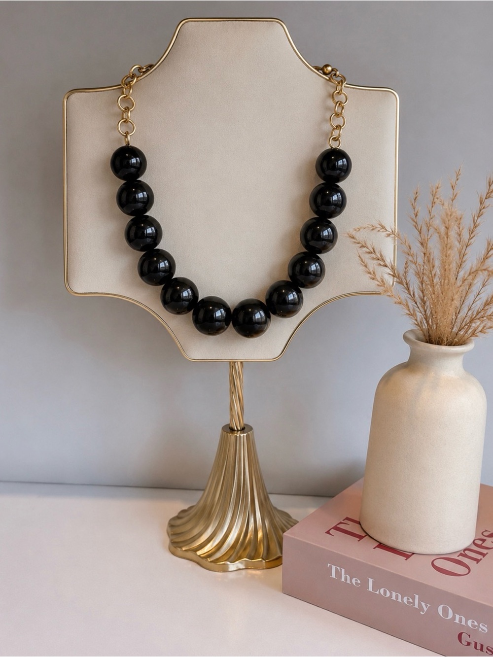 Black Beaded Statement Necklace - Gold Chain